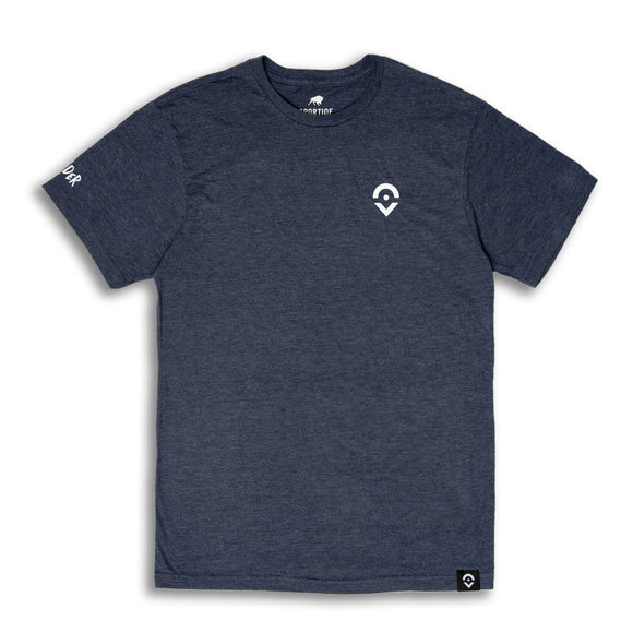 Outsider Location Tee in Dark Blue Marl with White Logo Men's Short Sleeve T-Shirt Flatlay