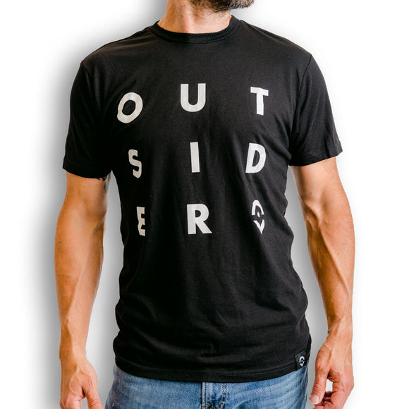 Outsider Quad Tee Men's Short Sleeve T-shirt in Black with White Logo modeled on a man