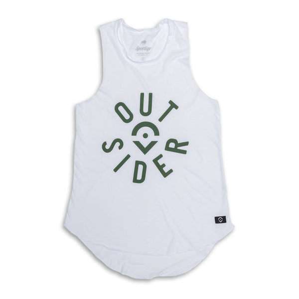 Outsider Women's Camp Tank Top in White with Green Logo Flatlay